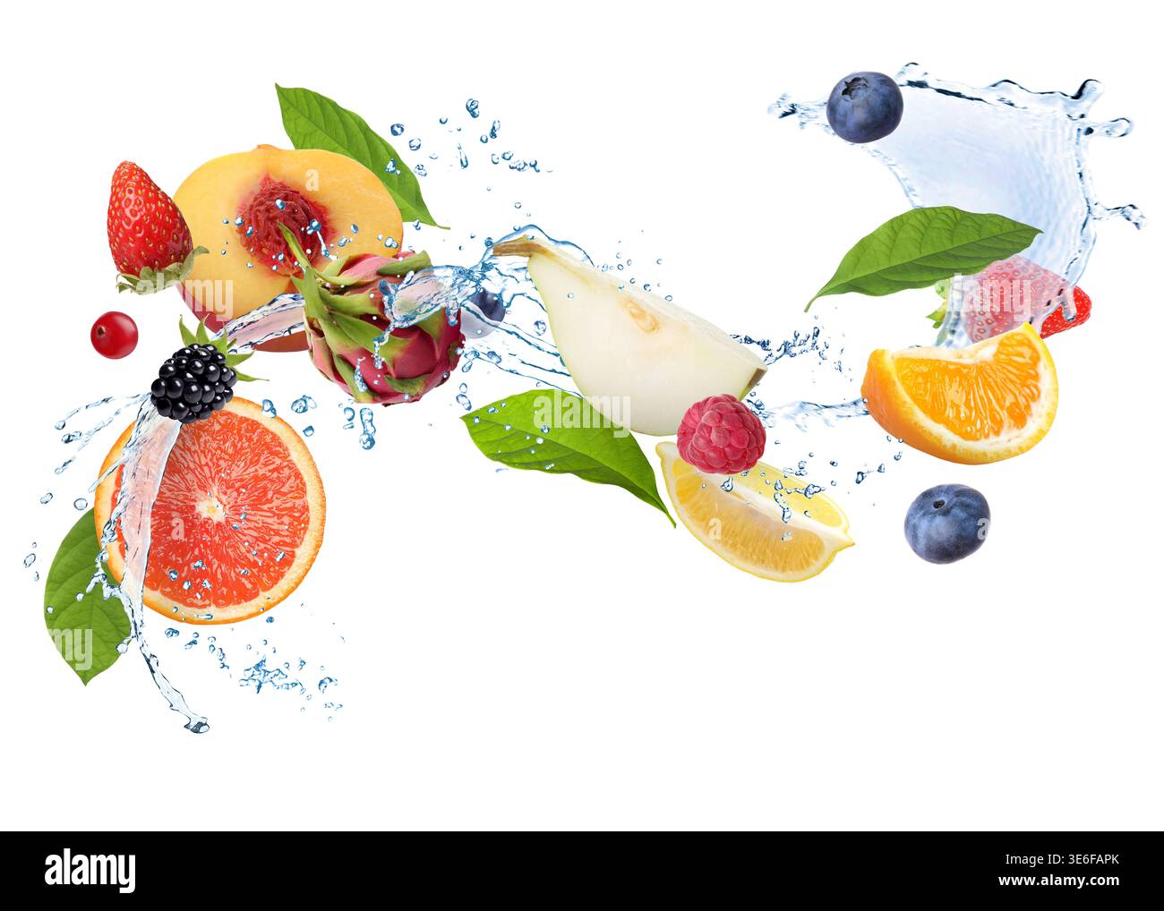 Fresh fruits and water splash in air against white background Stock Photo