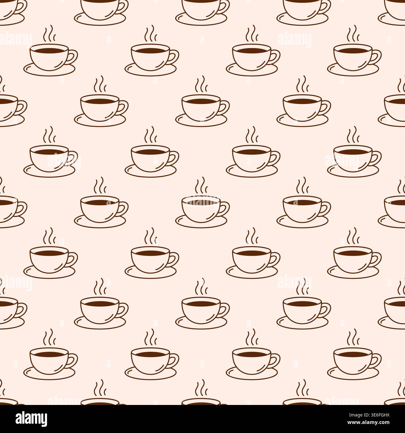 Seamless pattern with hot teacups on beige background. Minimal brown outline vector print Stock Vector
