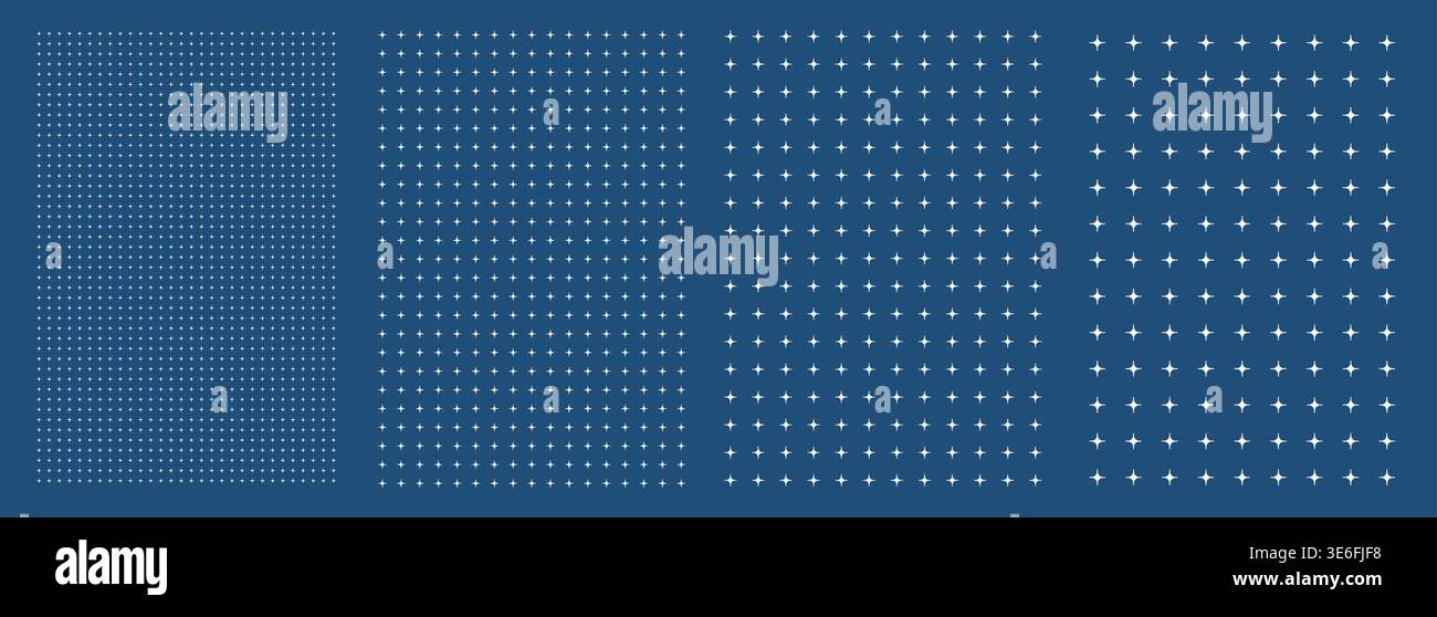 Blueprint grid set star geometry, four scale variations. Wide medium dense micro spacing comparison, engineering layouts dashboards notebook pages interface planning systems technology graphics. Stock Vector