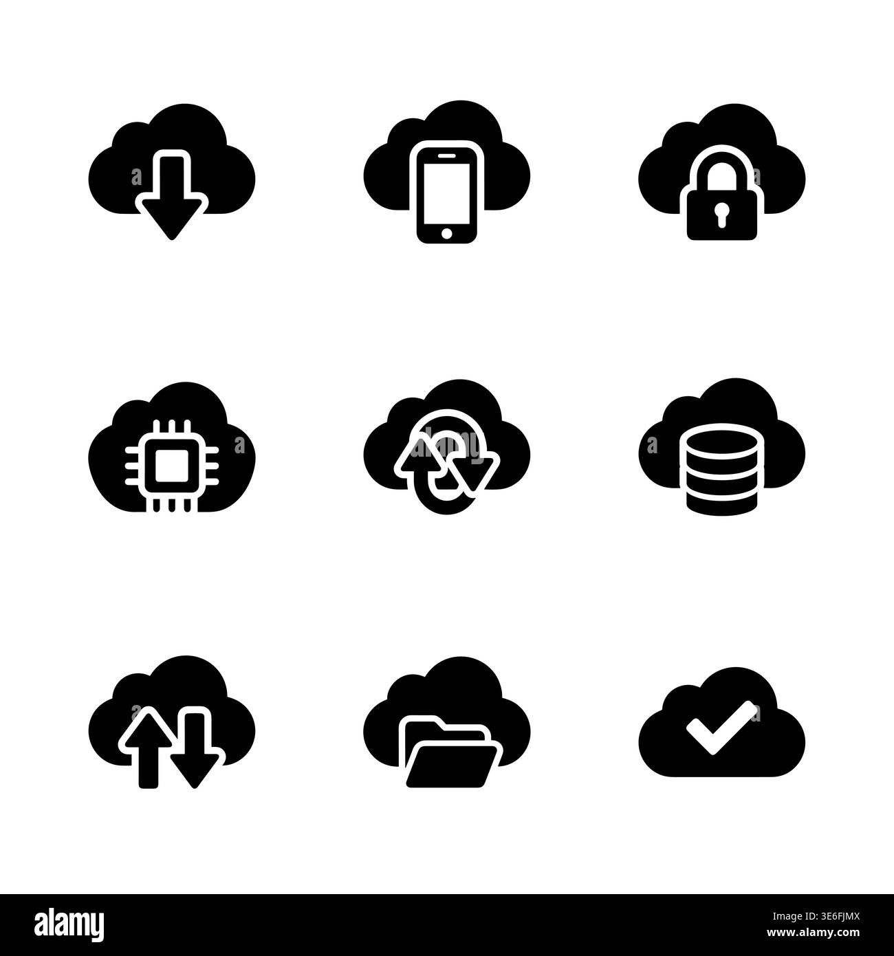 Cloud computing black glyph icons set, cloud storage collection Stock Vector