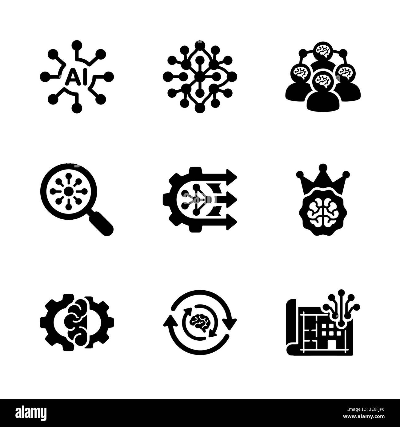 Artificial intelligence glyph icons set, machine learning black symbols ...