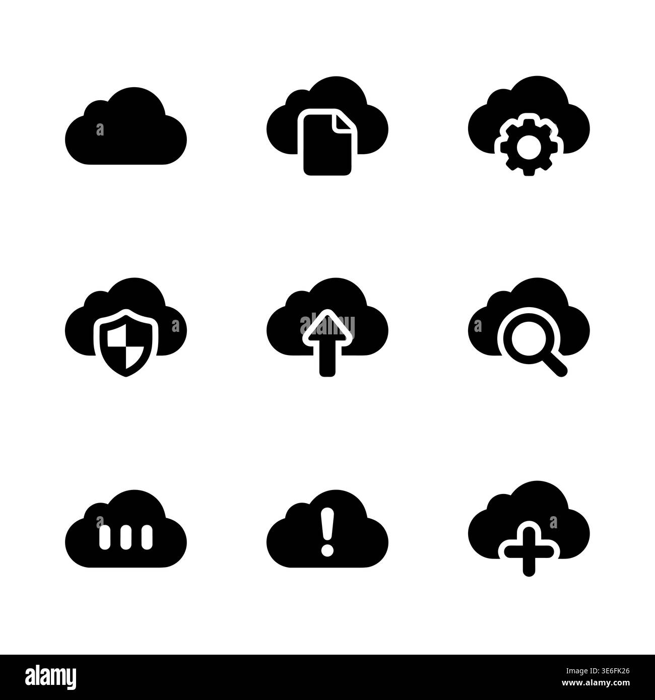 Cloud computing glyph icons set with file transfer and security Stock Vector