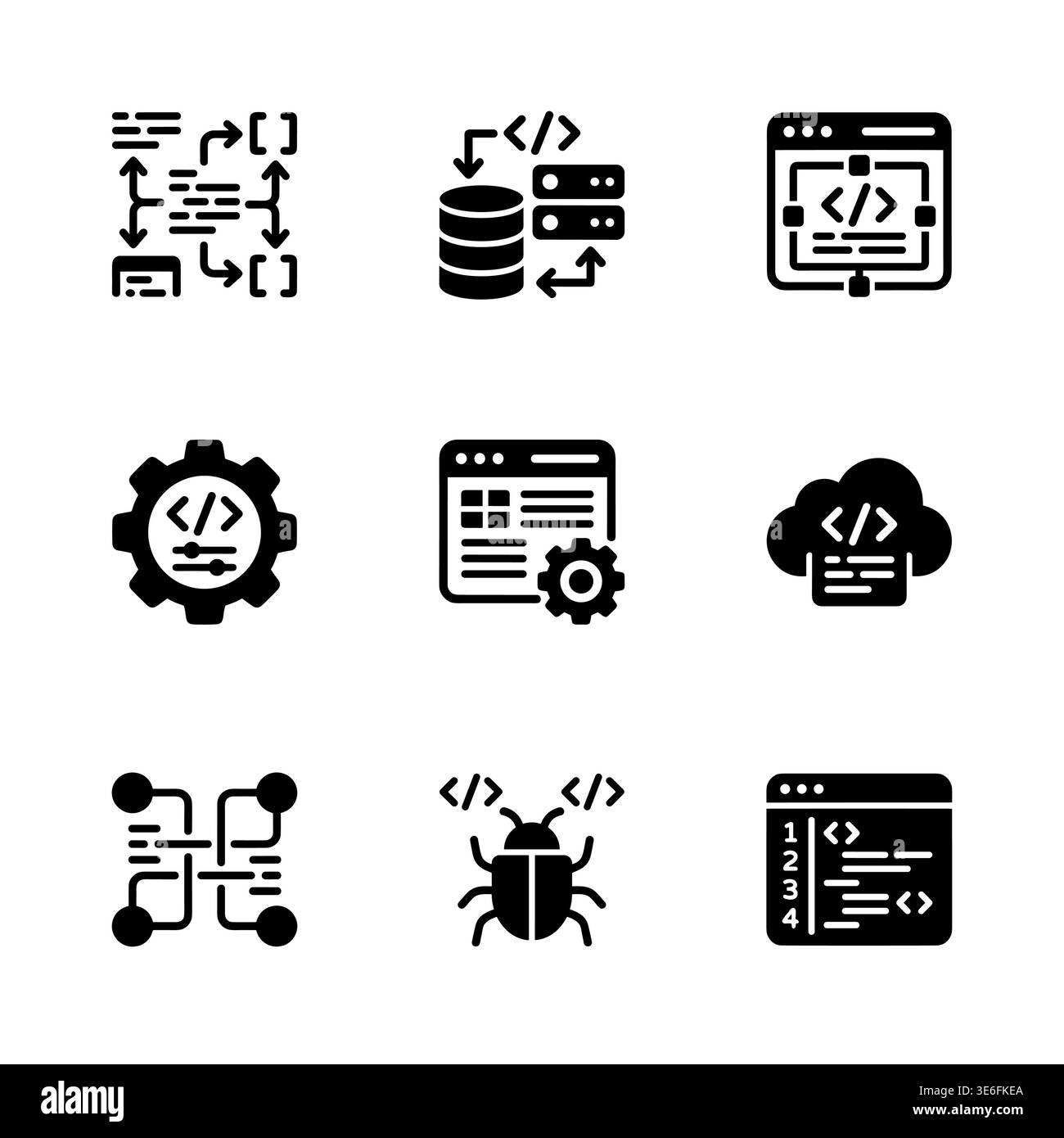 Software development and coding icons, solid black glyph style Stock Vector