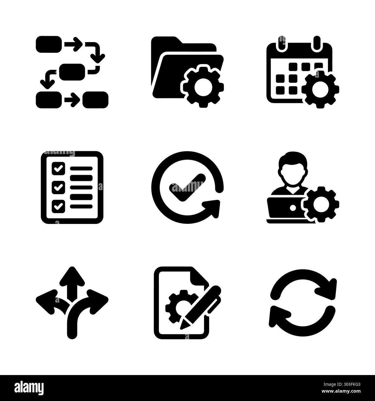Black glyph project management icons on white background Stock Vector