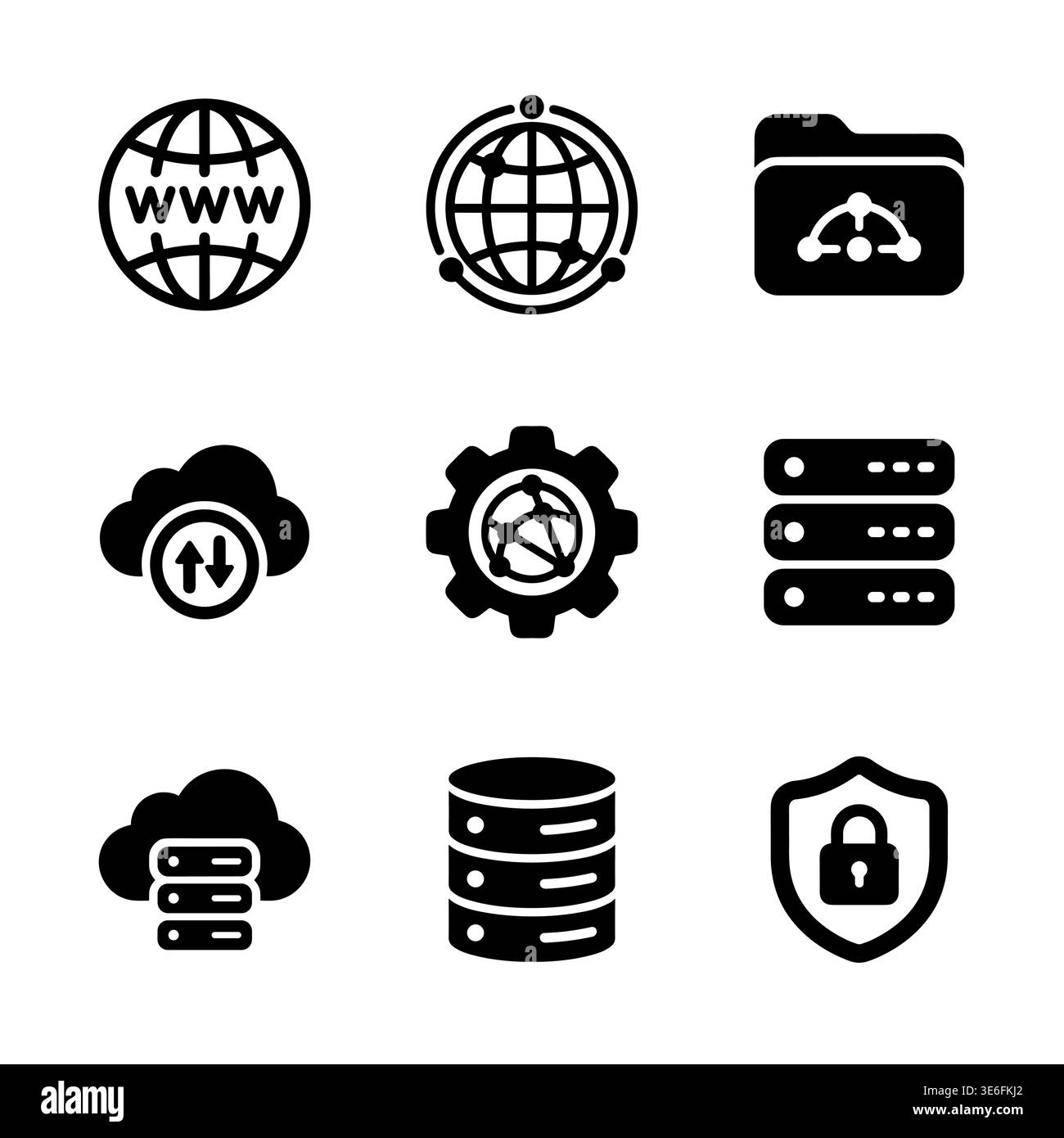 A set of solid lineal style icons representing various aspects of data networks, system administration, cloud computing, internet connectivity Stock Vector