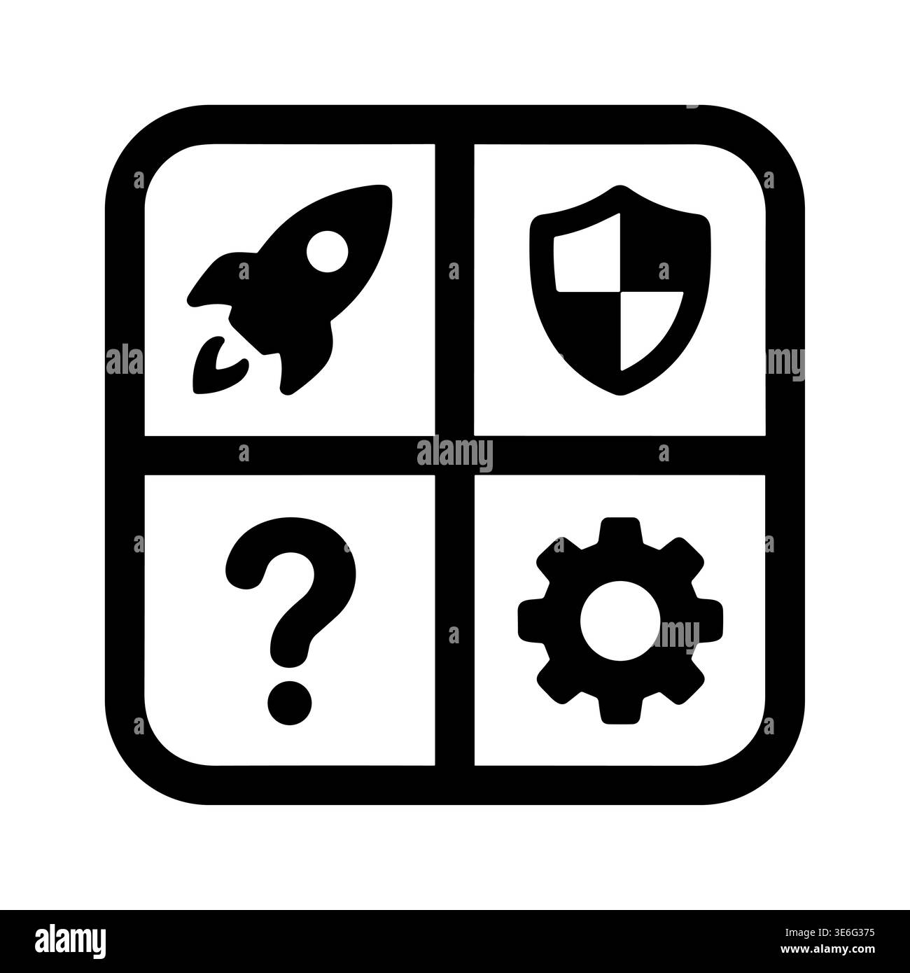 Application features glyph icons: Rocket, shield, question mark, and gear. Stock Vector