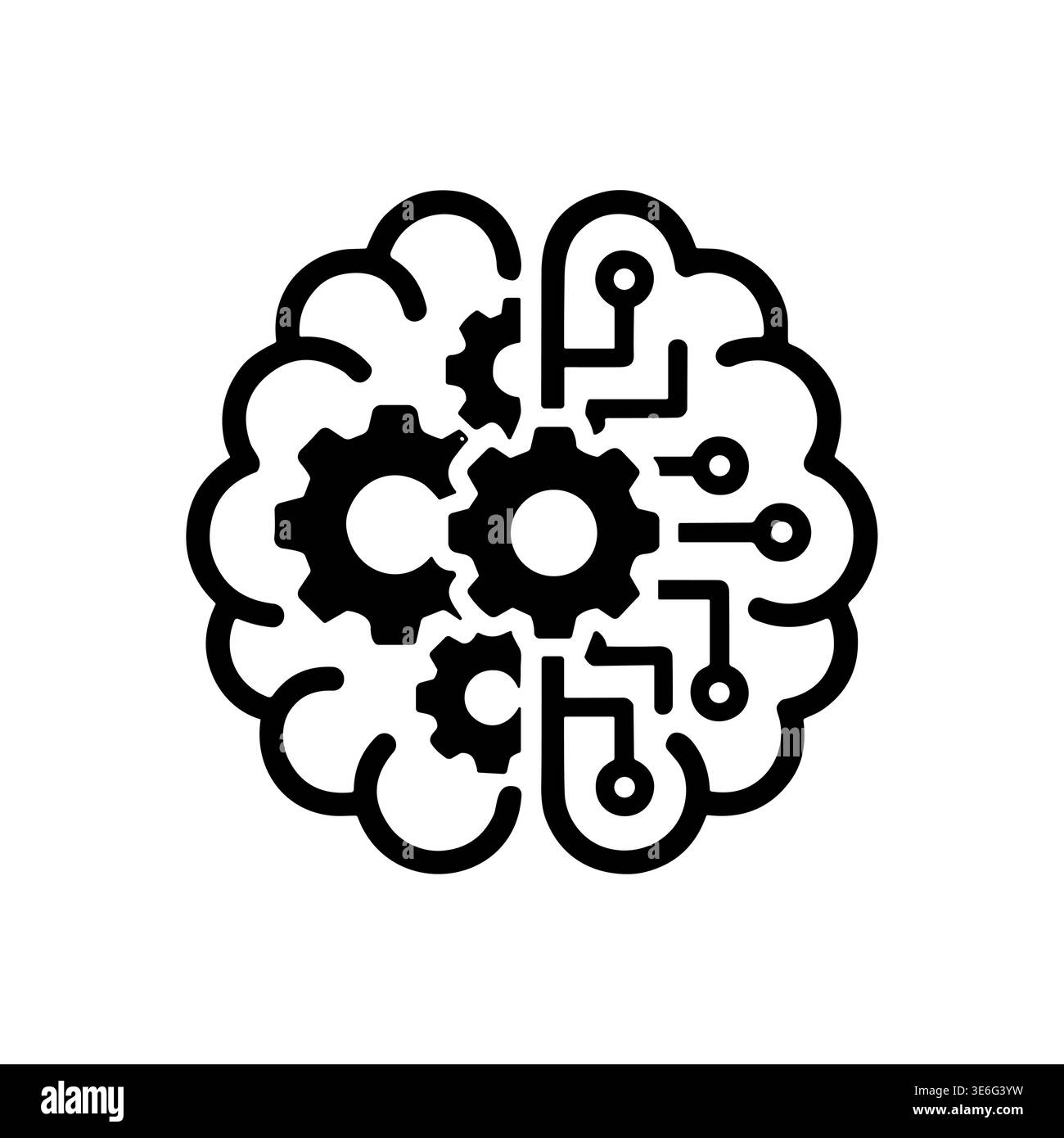 Artificial intelligence brain with gears and circuit black glyph icon Stock Vector