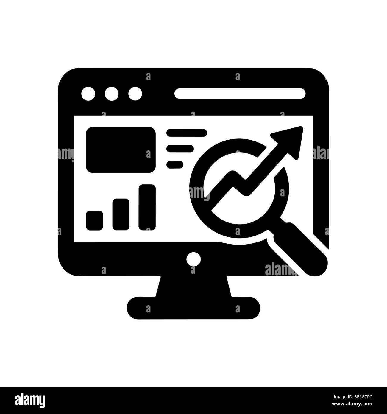 Monitor with magnifying glass showing an upward trending chart black icon Stock Vector