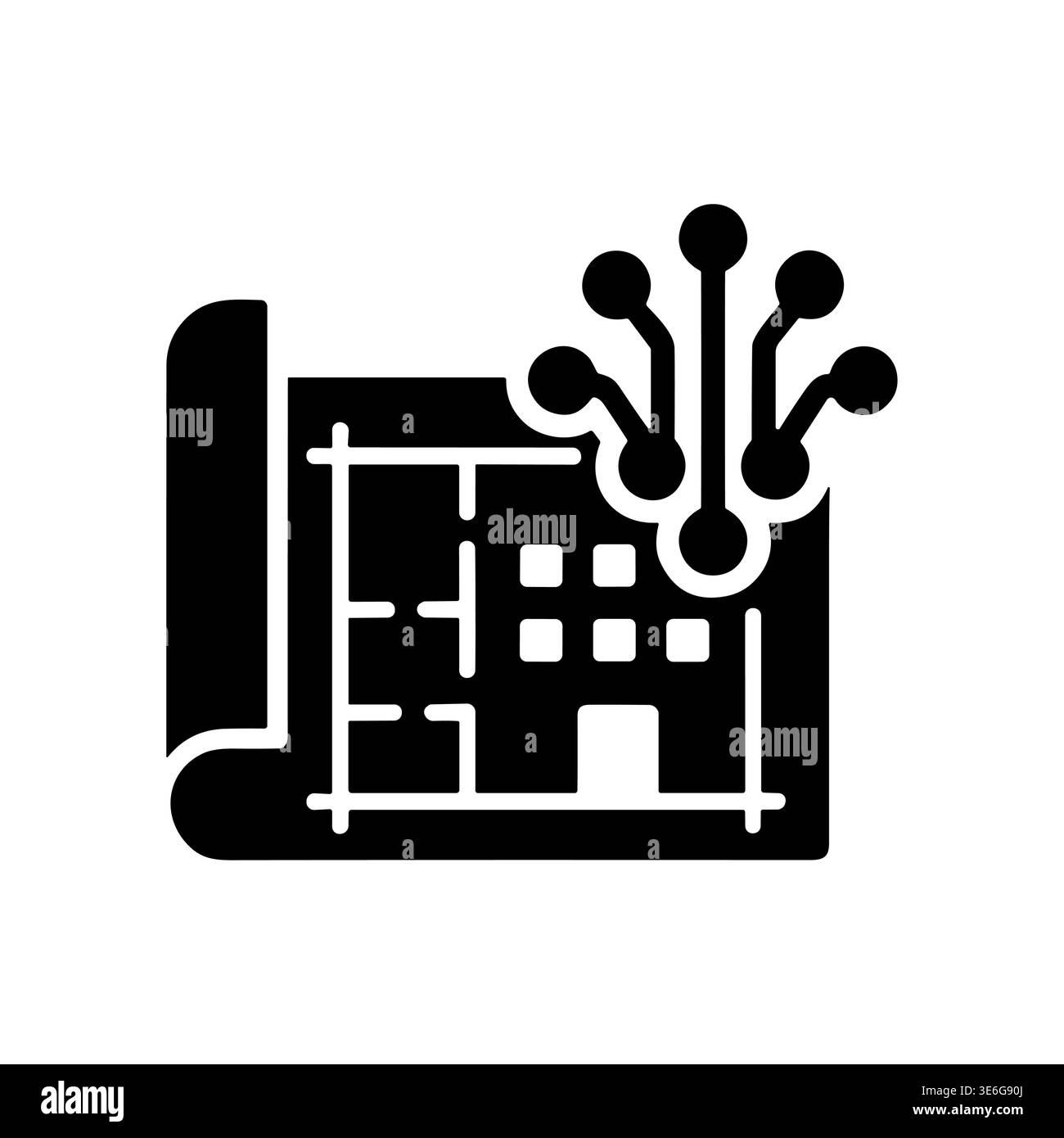Smart home blueprint with circuit board vector black glyph icon Stock ...