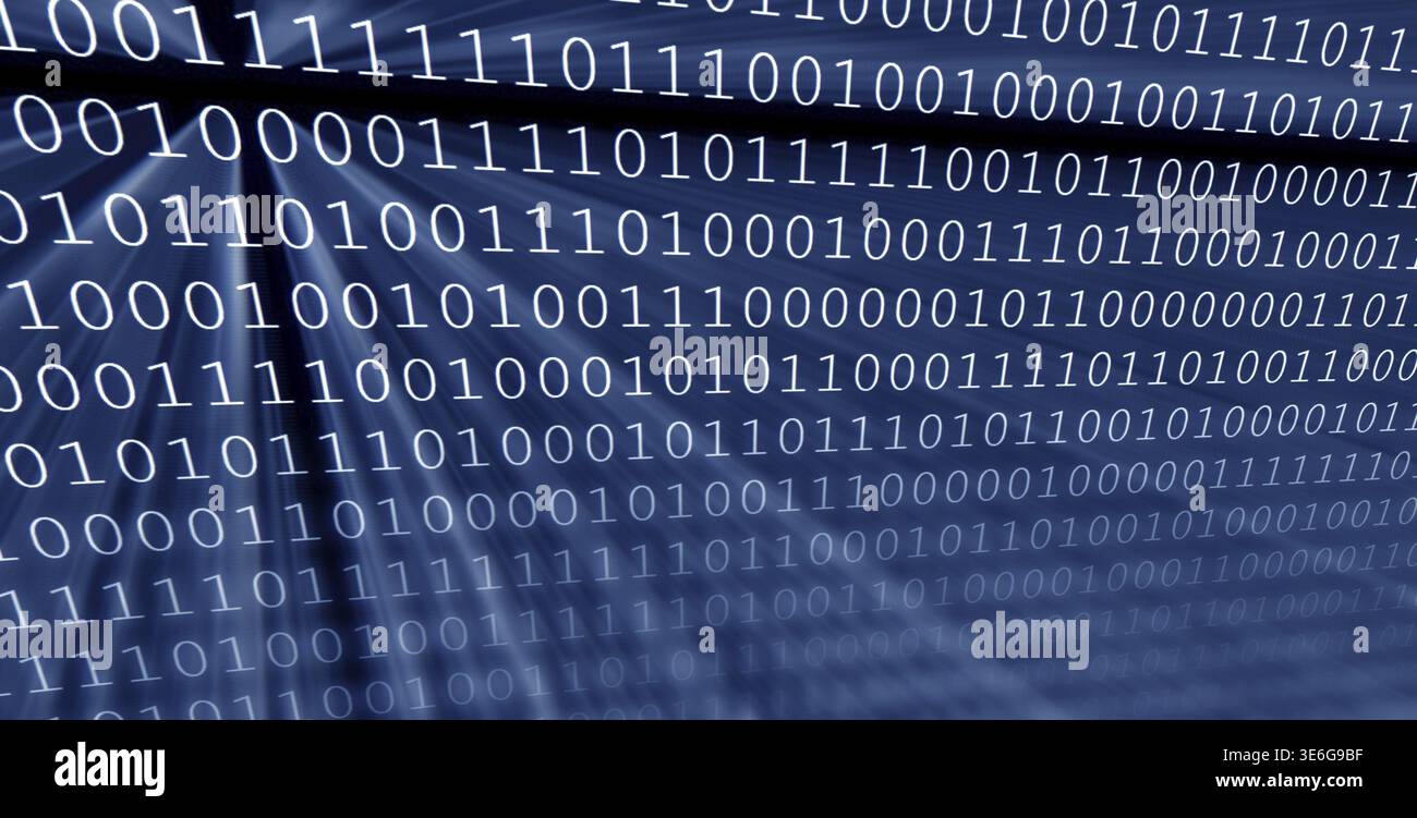 Colorful digital binary data digits and streaming binary code background with light beams Stock Photo