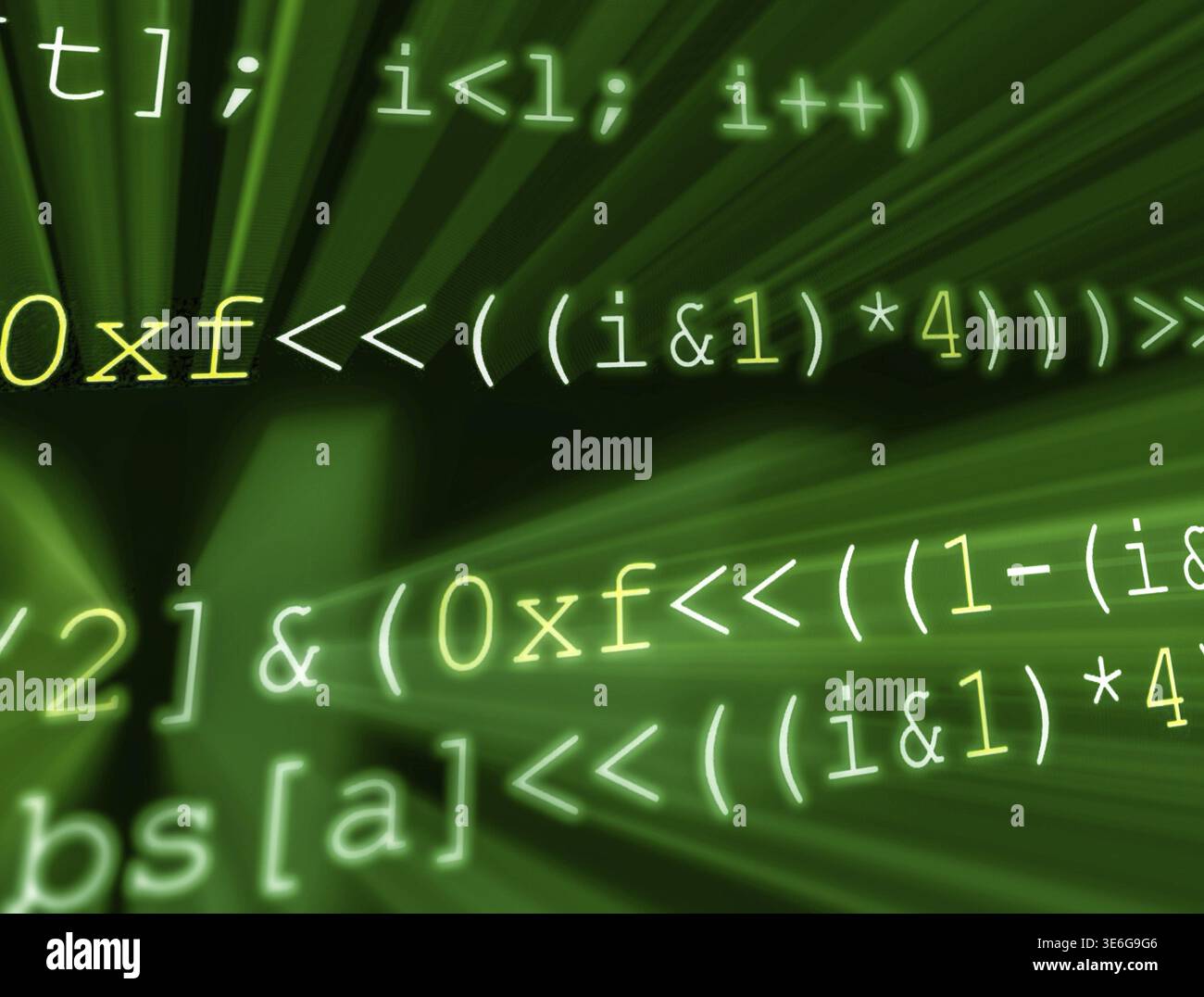 Colorful digital binary data digits and streaming binary code background with light beams Stock Photo