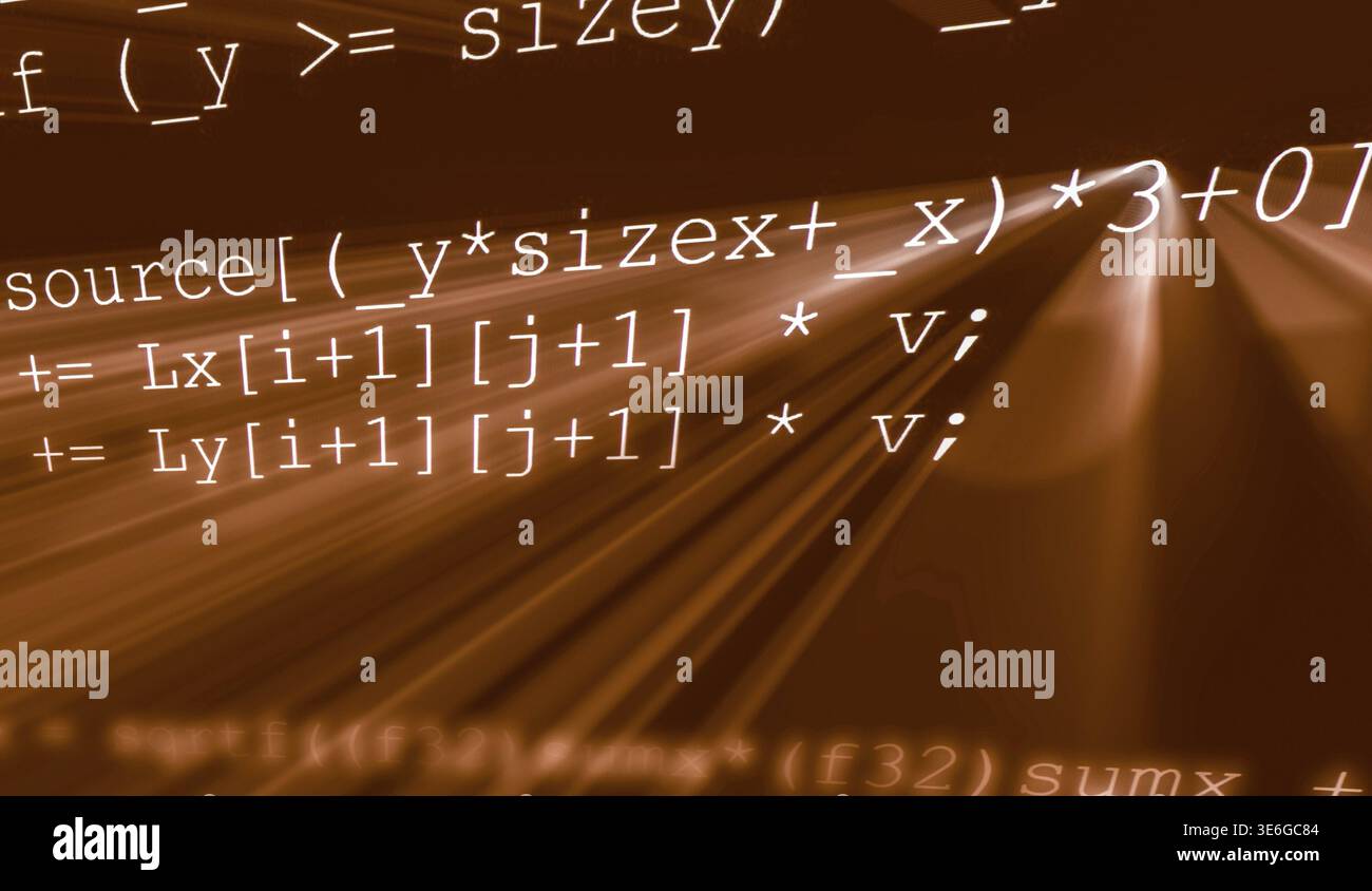 Colorful digital binary data digits and streaming binary code background with light beams Stock Photo