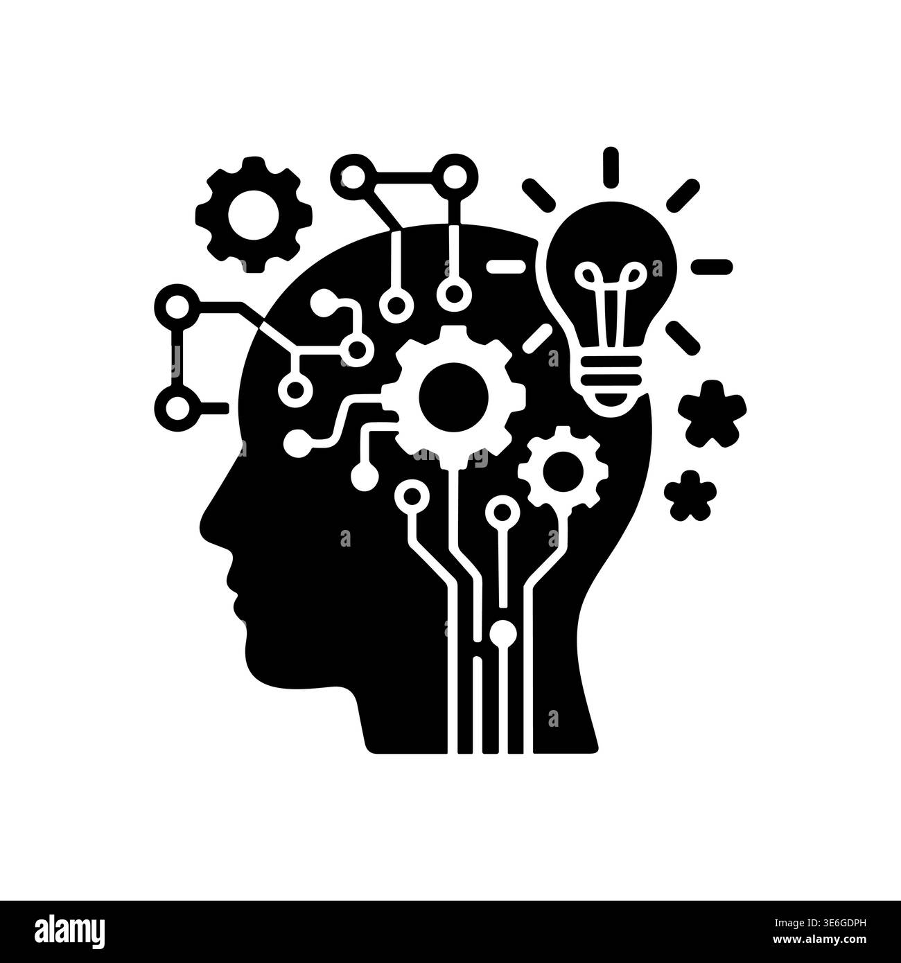 Artificial intelligence concept, head with gears and circuits black glyph Stock Vector