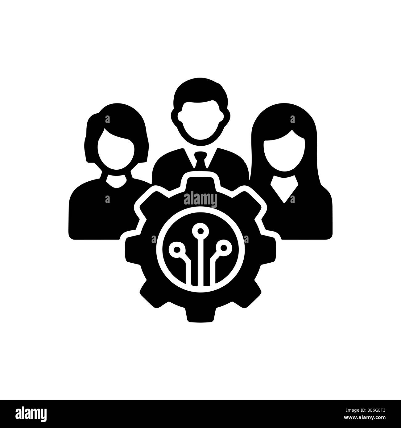Teamwork with technology, AI, and automation, vector black glyph icon Stock Vector