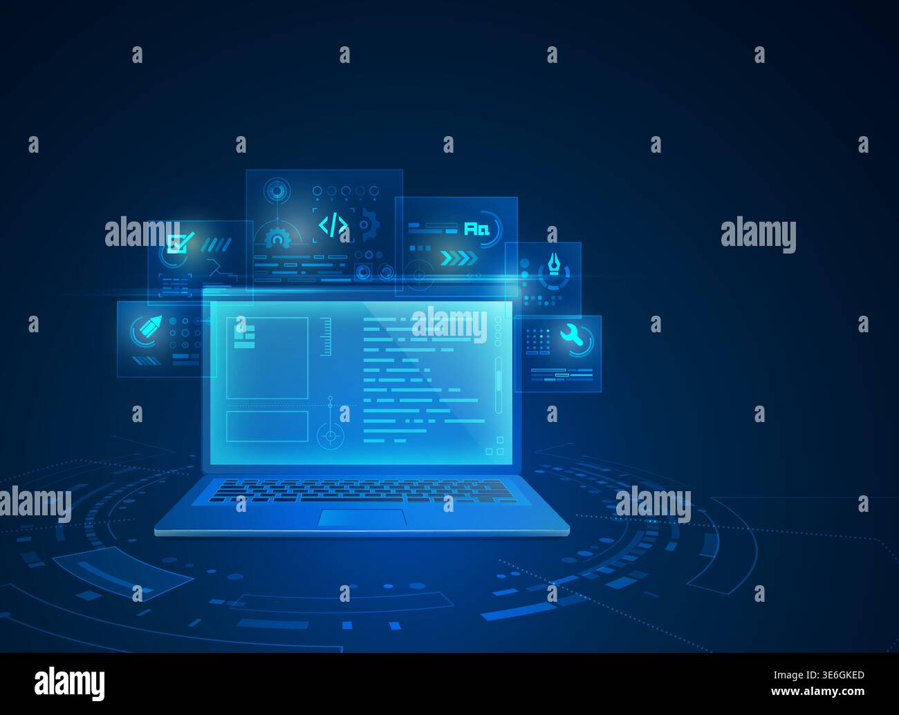 concept of web development technology, graphic of computer notebook with digital futuristic element Stock Vector
