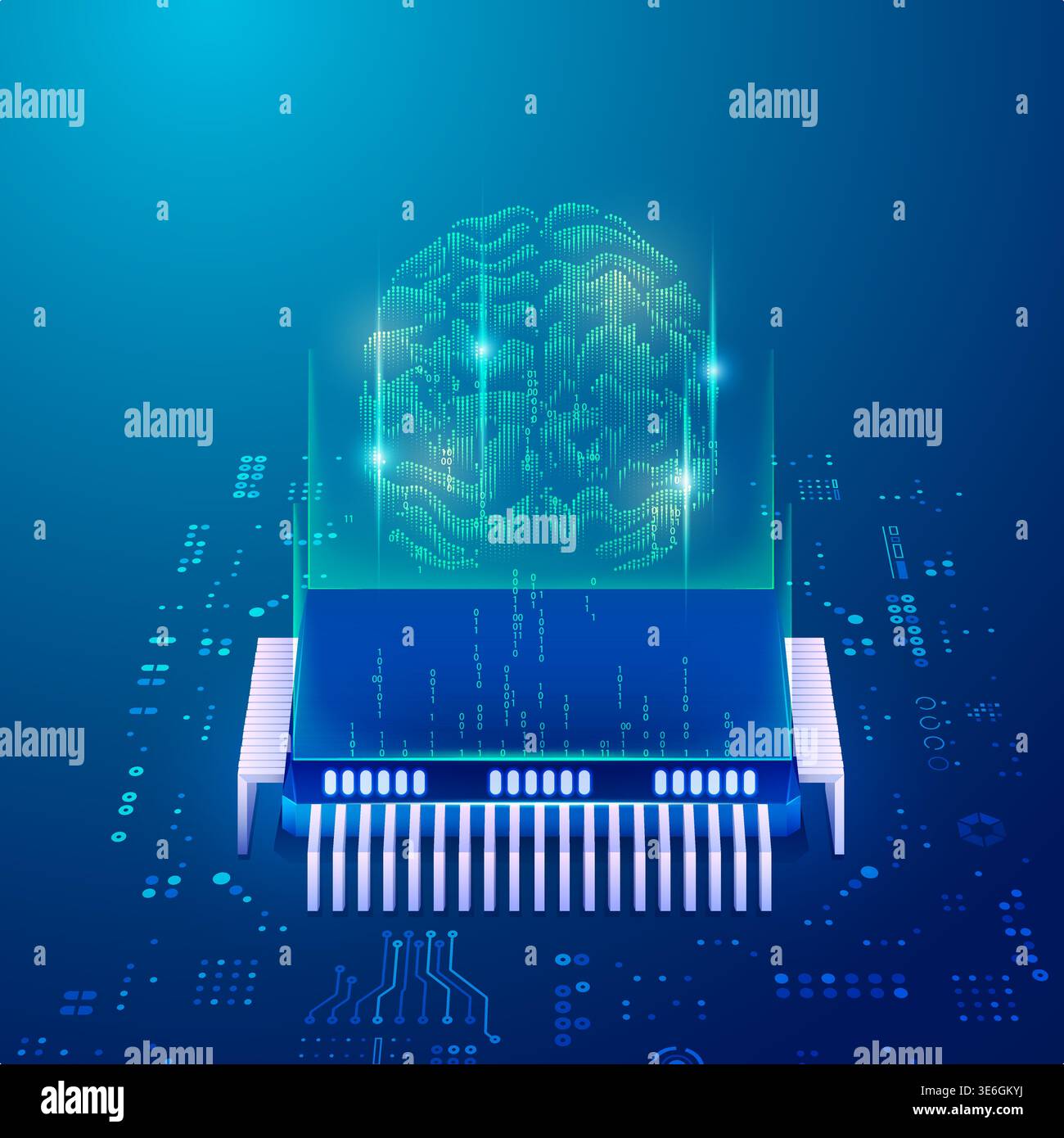 concept of AI in big data technology or quantum computing, microchip and artificial intelligence brain with futuristic element Stock Vector