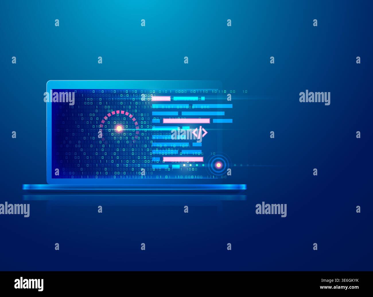 concept of programming script development, graphic of computer laptop with binary code and digital element Stock Vector
