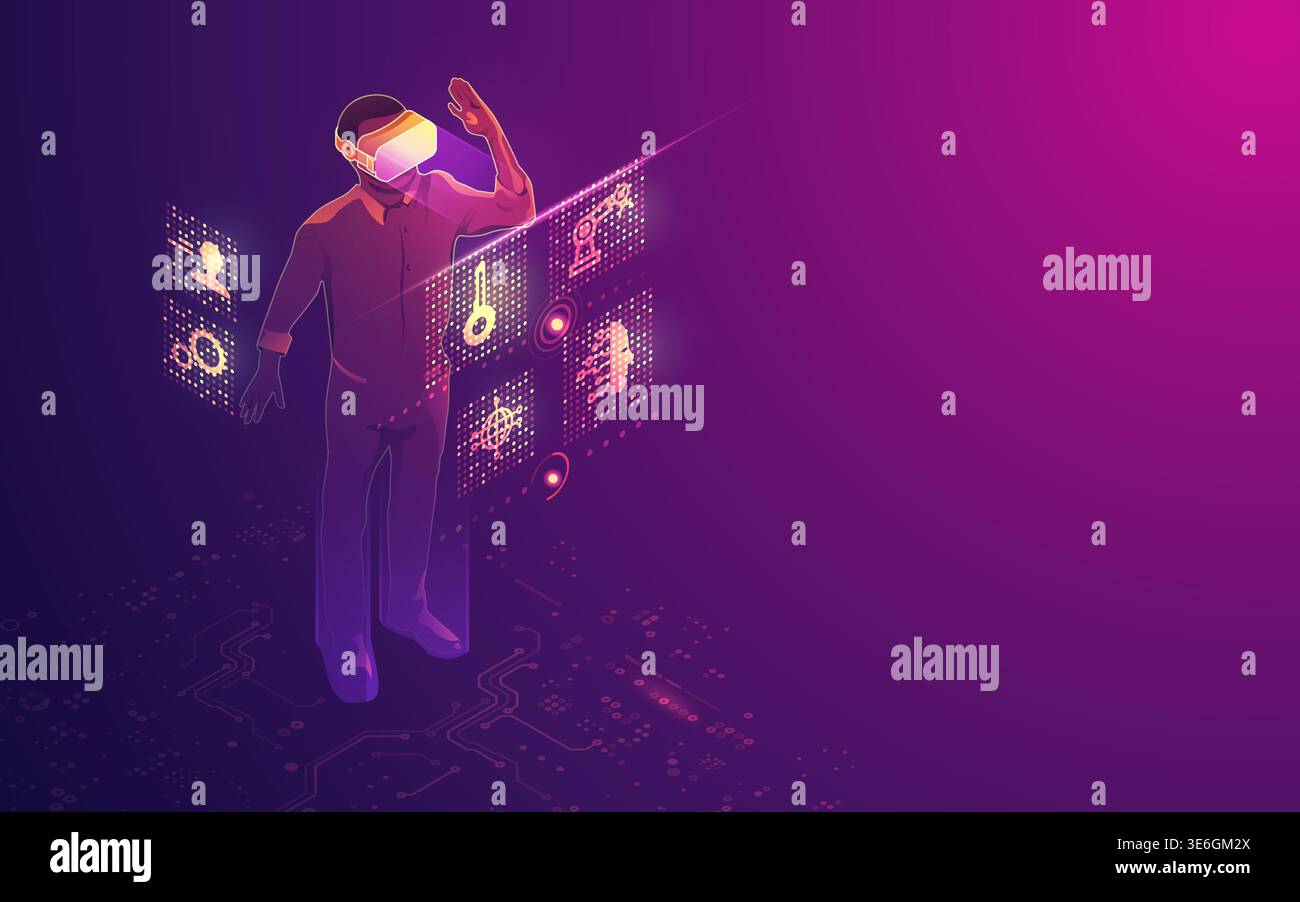 concept of vr technology, virtual reality headset with digital hologram interface Stock Vector