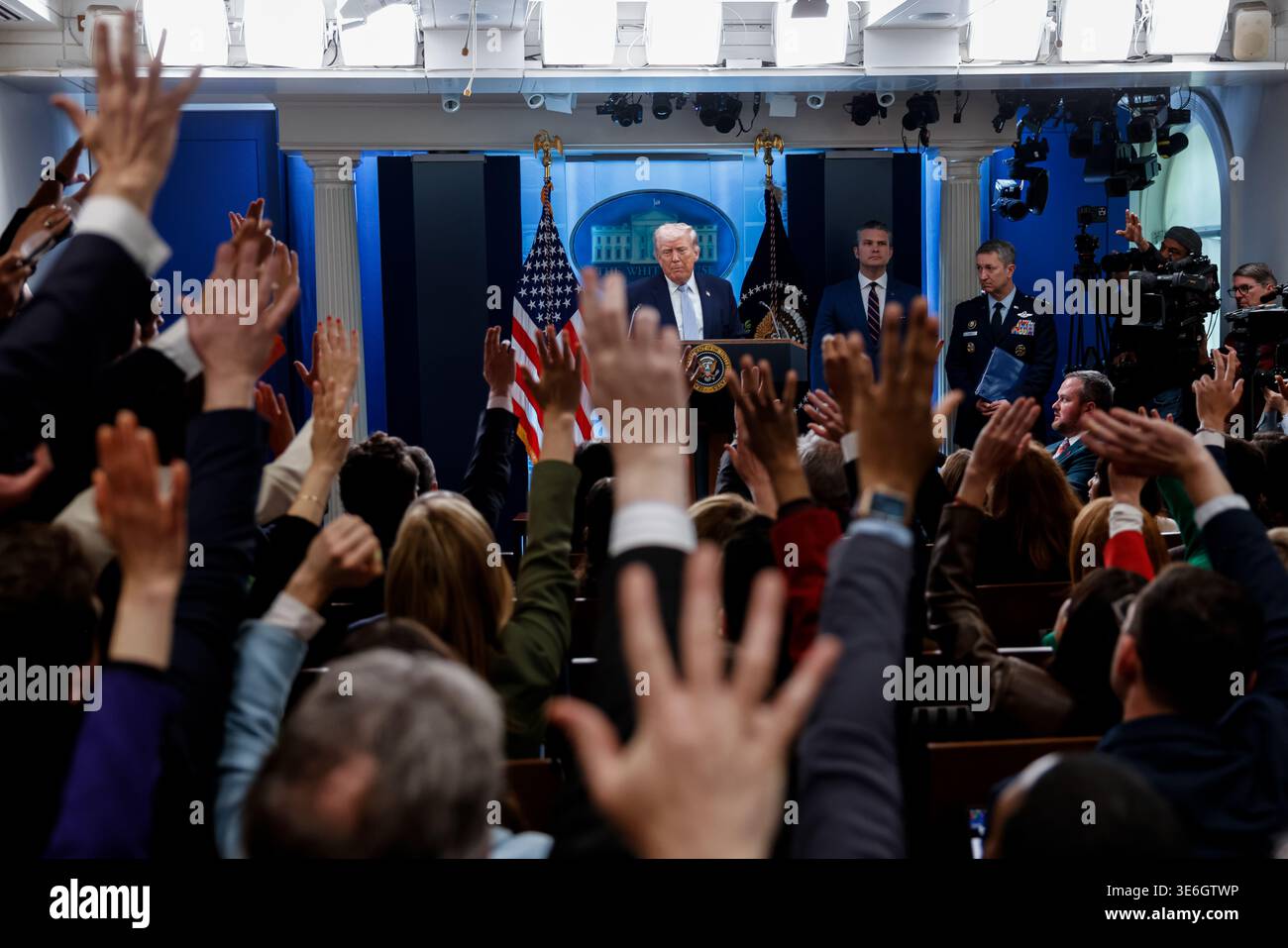 U.S. President Donald Trump takes questions during a news conference in ...