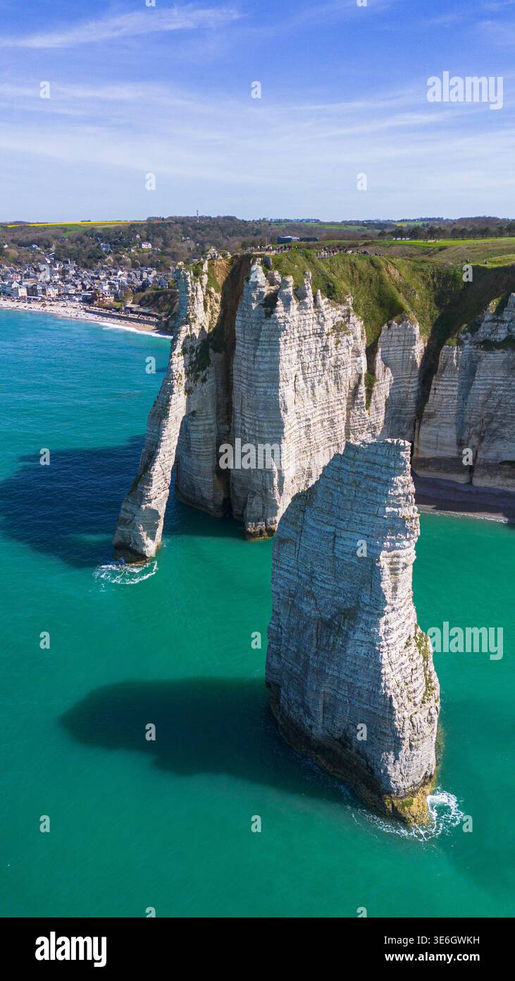 Aerial view of the iconus Limestone Needle and Aval Arch in the seaside ...