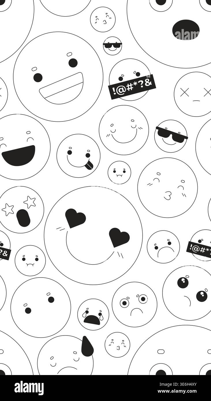 Cute emojis black and white vertical repeating pattern Stock Vector