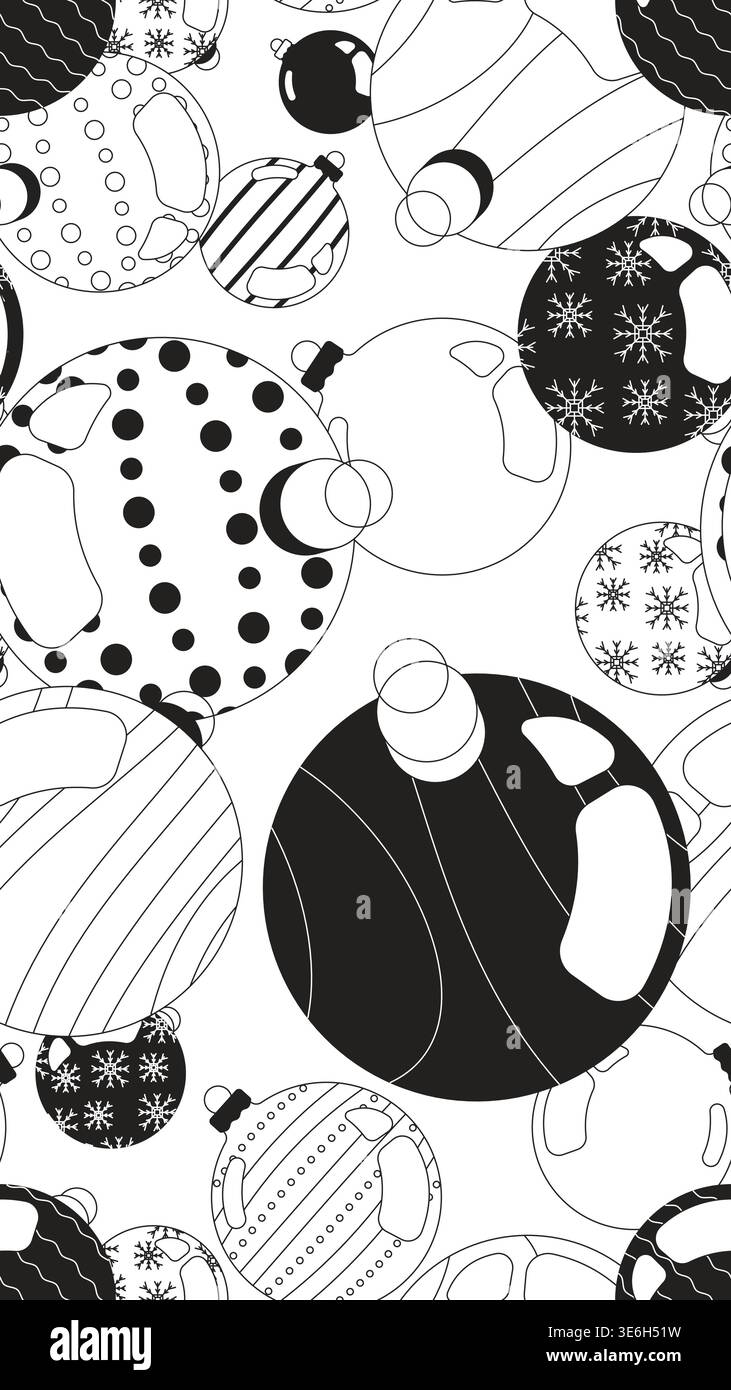 Christmas ornaments black and white vertical repeating pattern Stock Vector