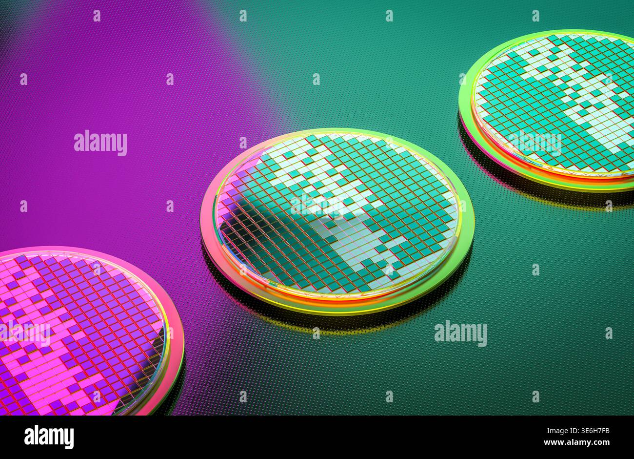 3d rendering silicon wafer plates for semiconductor manufacturing Stock Photo