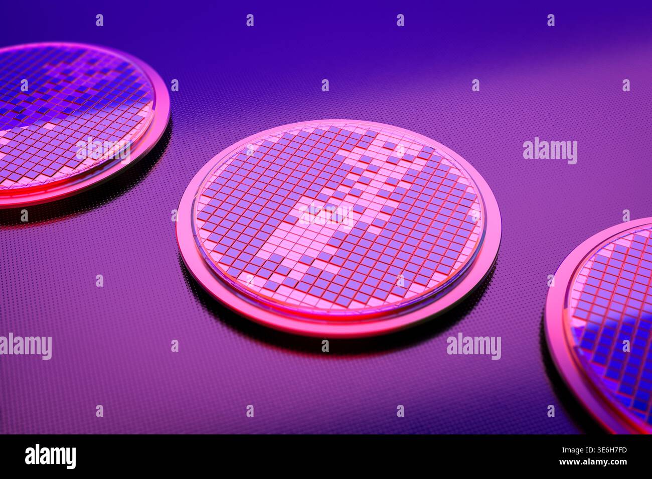 3d rendering silicon wafer plates for semiconductor manufacturing Stock Photo