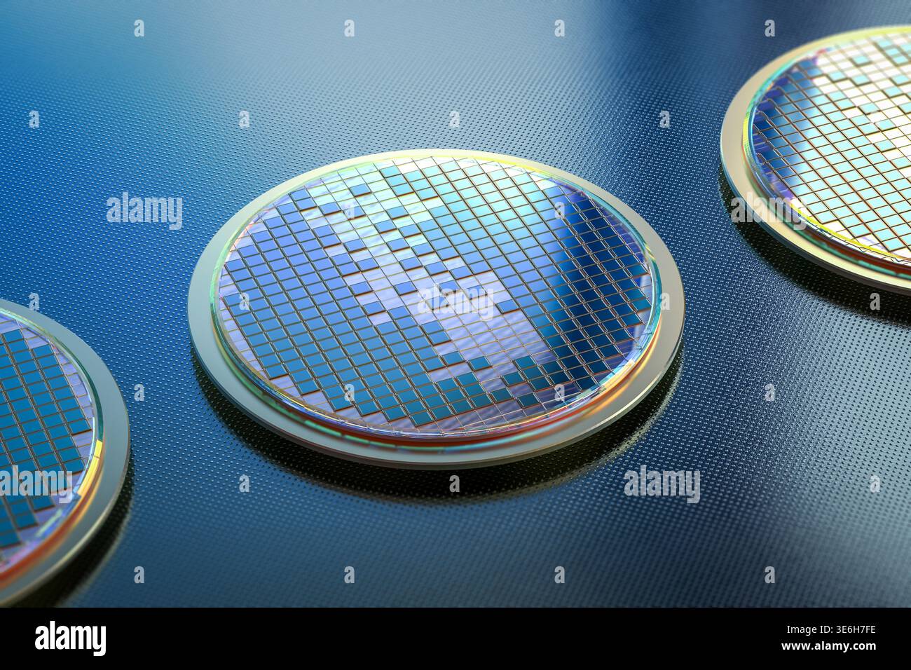 3d rendering silicon wafer plates for semiconductor manufacturing Stock Photo
