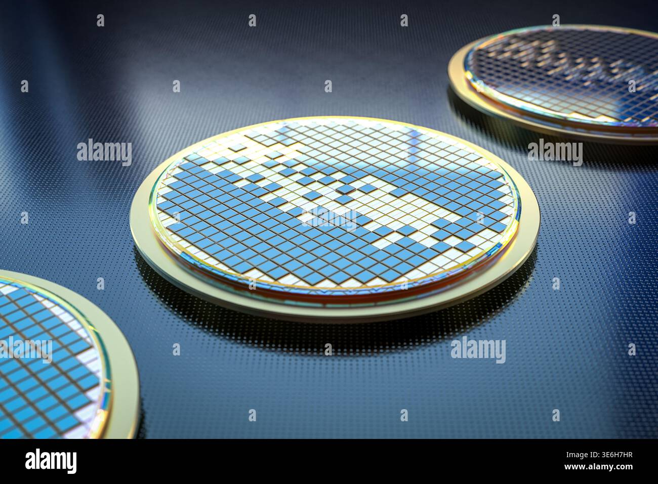 3d rendering silicon wafer plates for semiconductor manufacturing Stock Photo