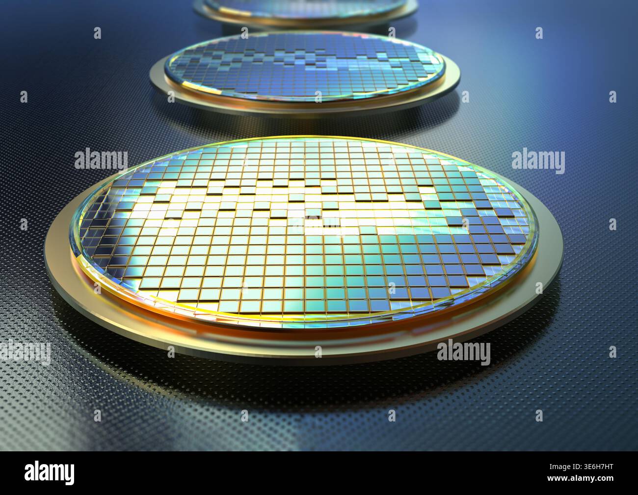 3d rendering silicon wafer plates for semiconductor manufacturing Stock Photo