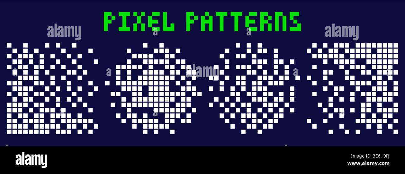 Pixel art white circle and square shape scattered patterns. Stock Vector