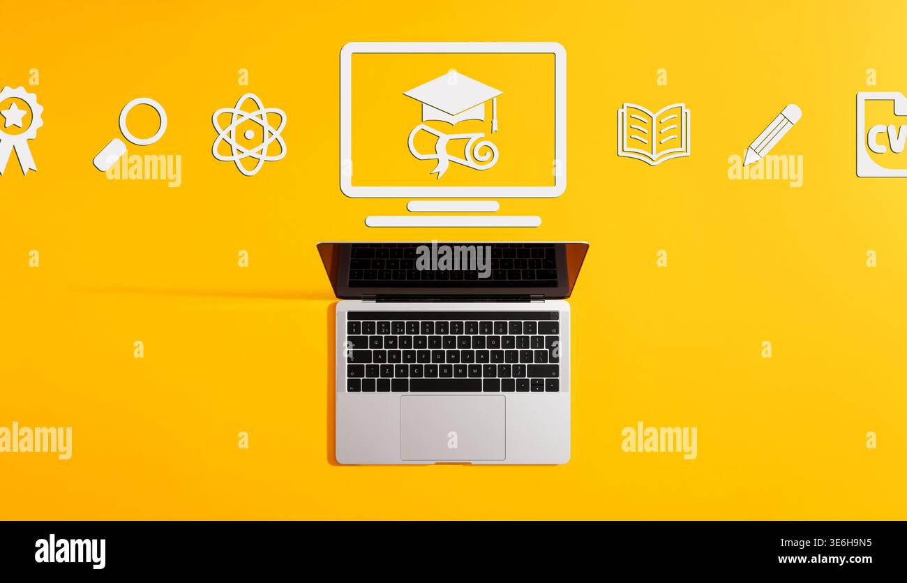 Laptop Displaying Elearning Laptop displaying online education symbols like a graduation cap ...
