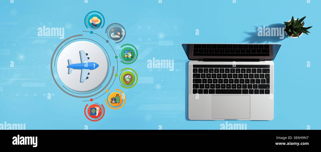 Laptop displaying airplane and travel icons, suggesting online booking and travel planning Stock Photo