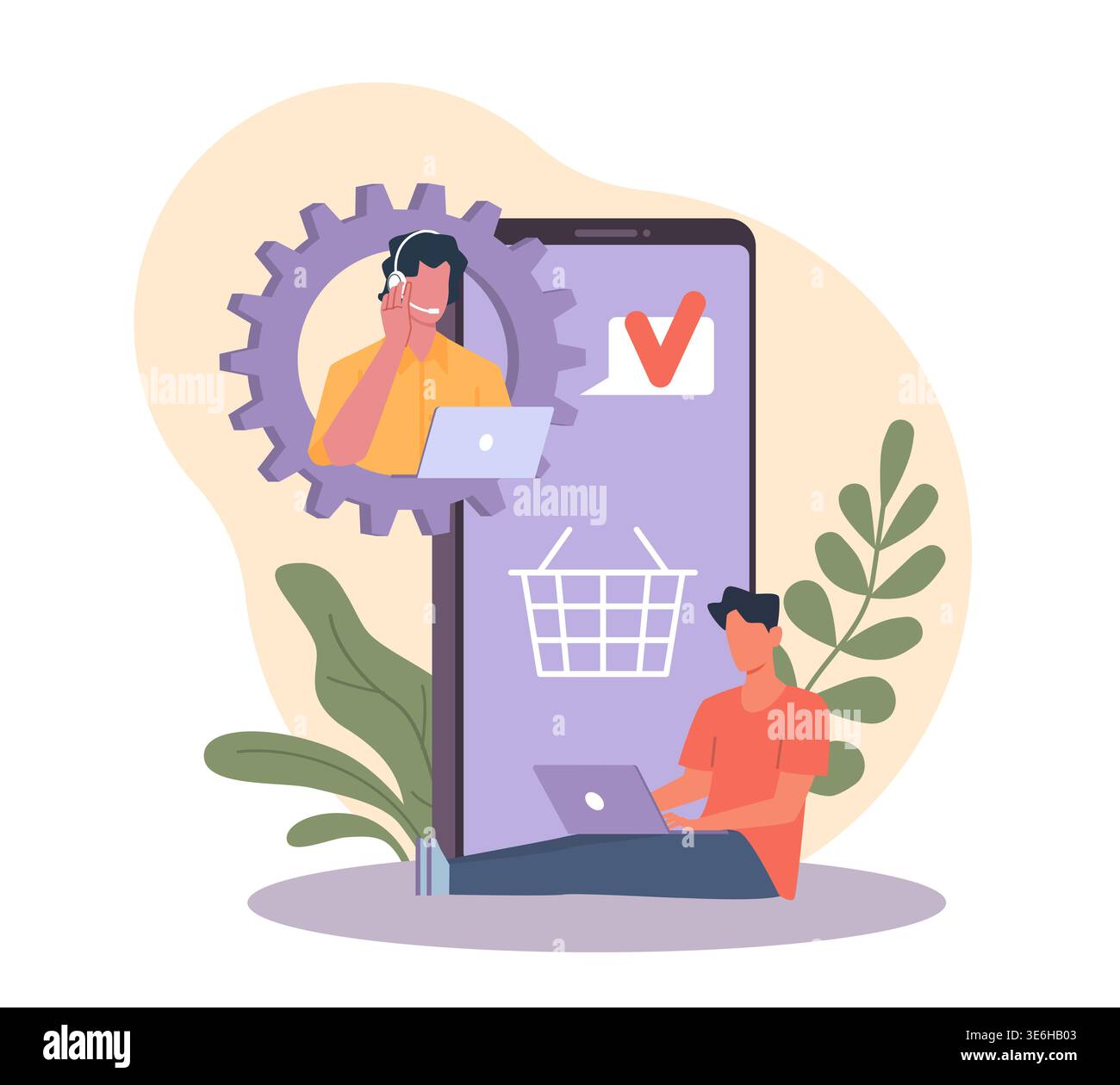 Call center hotline. Customer support, online help, round clock problem solving, online shopping, e-commerce app, order assistance with mobile Stock Vector