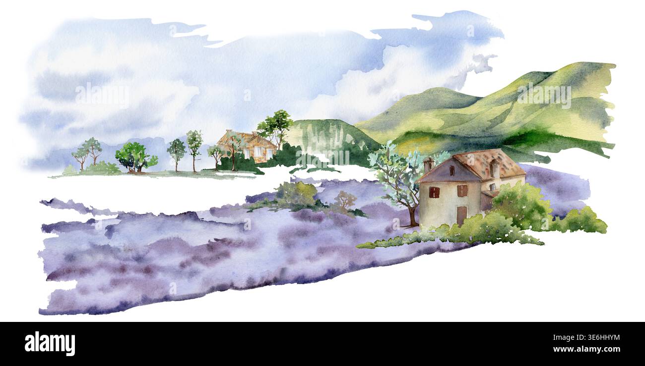 French countryside lavender farm rustic stone house, hills, purple ...