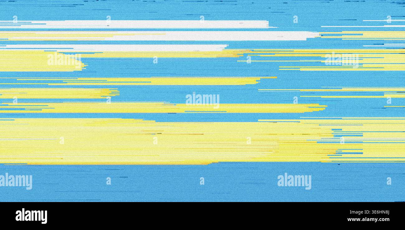 A vibrant digital glitch art piece showing horizontal bands of yellow and white layered over a textured blue background. Stock Photo