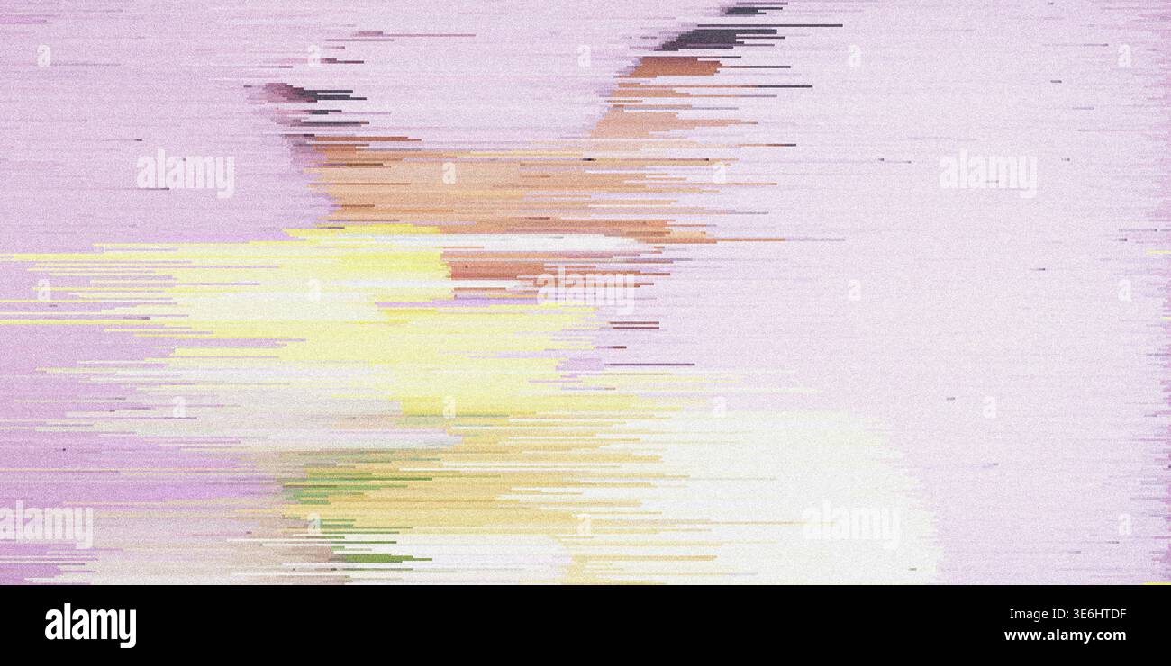 A creative abstract digital glitch art image displaying horizontal streaks of purple, yellow, and brown, resulting in a unique and textured aesthetic. Stock Photo