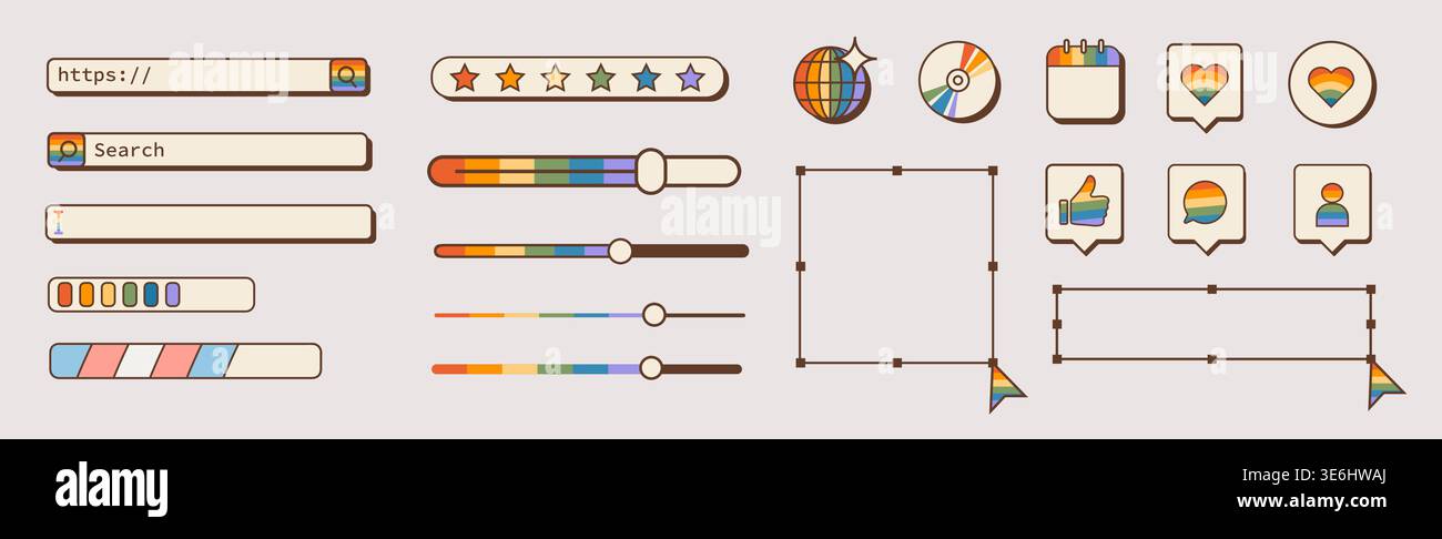 Retro computer UI element set with rainbow pride gradients. Nostalgic 90s internet browser bars, search fields, loading sliders, social icons for Stock Vector