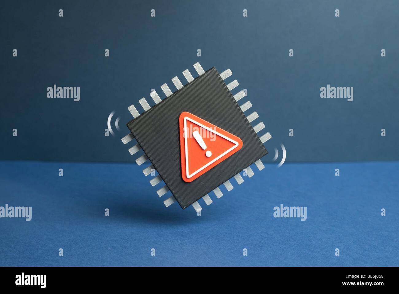 Computer chip and warning sign. Microchip shortage and defects. Low ...