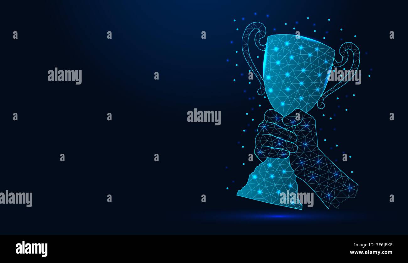 Low poly wireframe hand holding winner cup trophy on dark blue background. Stock Vector