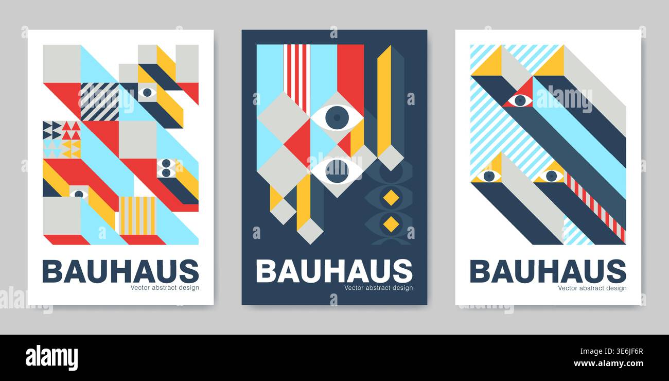 Bauhaus design posters with geometric shapes and modern swiss patterns. Abstract vector backgrounds, layout templates with red, yellow, blue accents in minimalist architectural style. Stock Vector