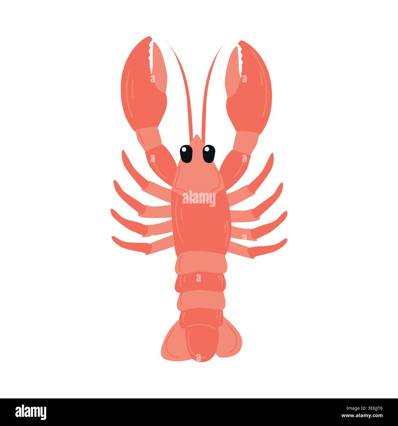 Cartoon illustration of a vibrant red lobster with large claws and expressive eyes, set against a plain white background for clear visibility and Stock Vector