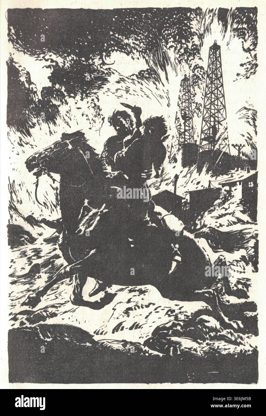 Dramatic scene of a man on horseback escaping an oil field explosion. A ...
