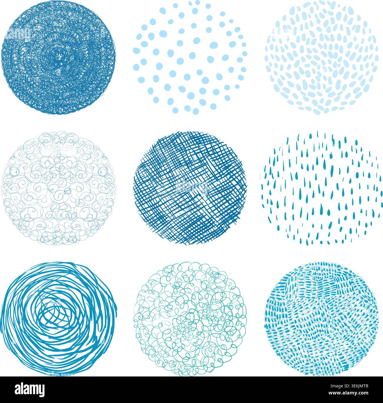 Vector graphics design circle elements in blue color with different textures - lines, dots and scribbles Stock Vector