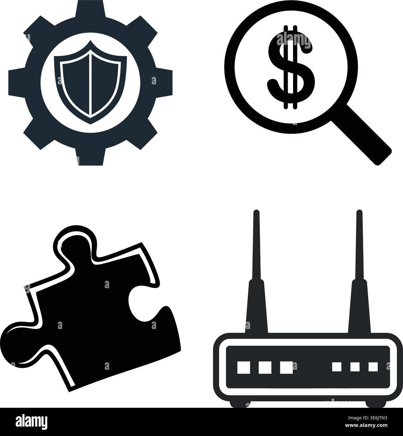 Integrated System Security Risk Analysis and Puzzle Router Data Icon Set Stock Vector