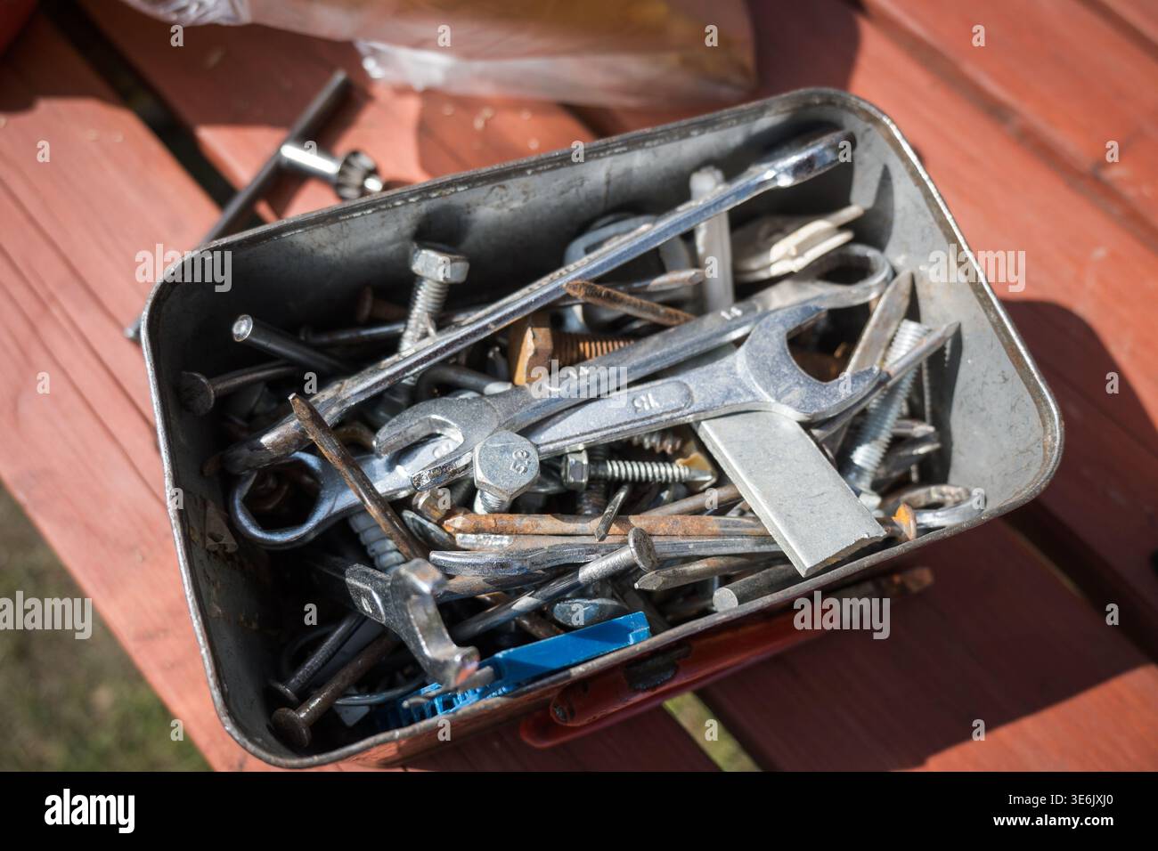 Workshop box with screws and keys. Stock Photo