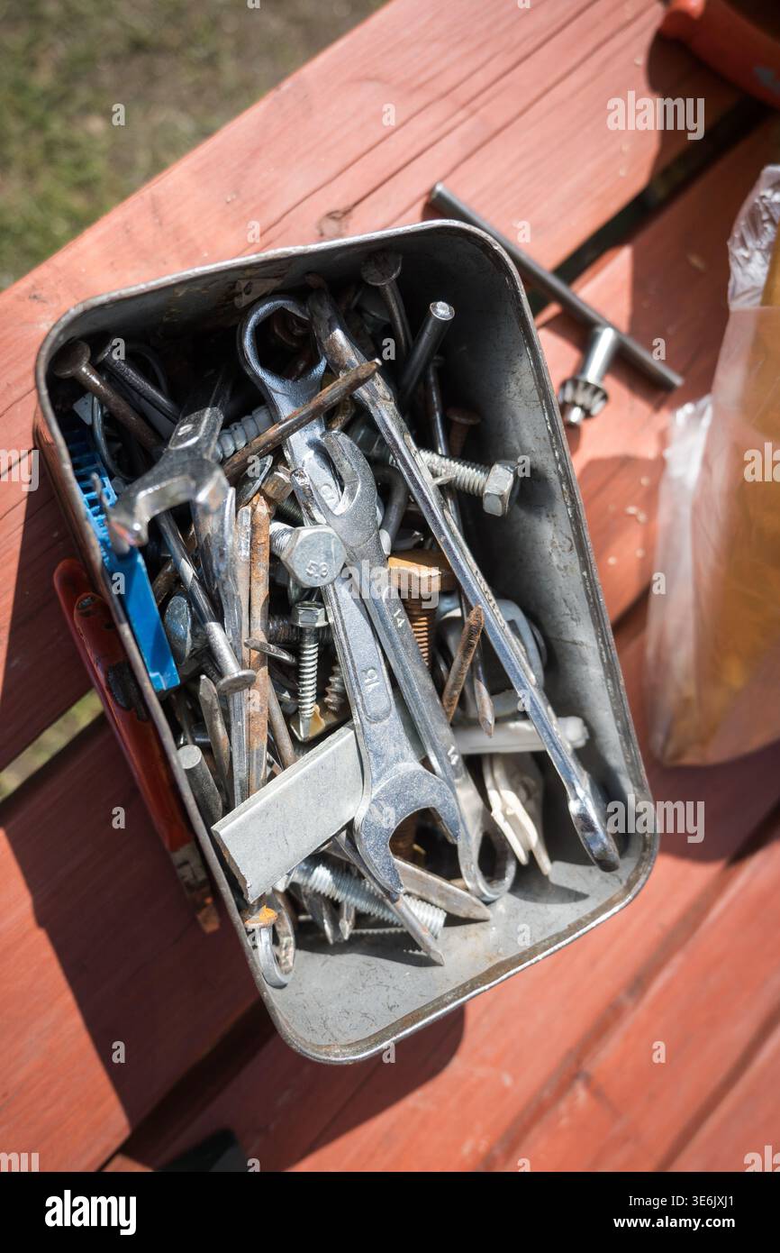 Workshop box with screws and keys. Stock Photo