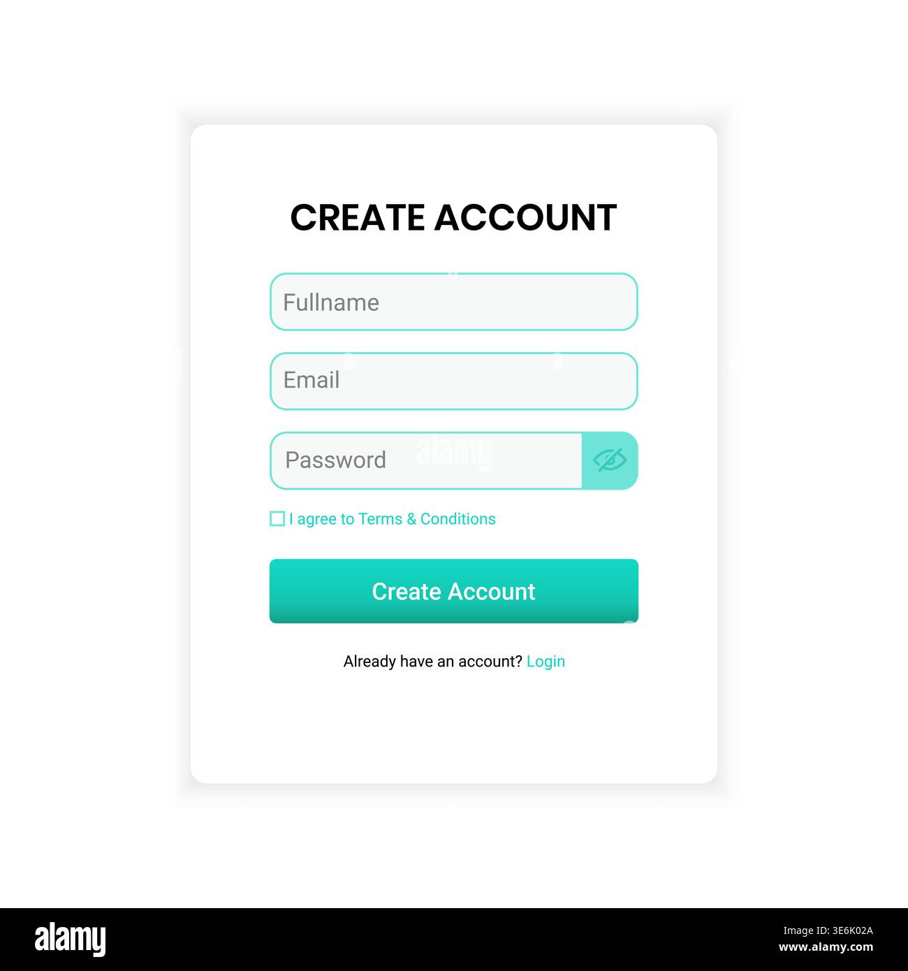 Contemporary create account user interface with outlined input fields in teal accent, including full name, email, and password with visibility toggle Stock Vector