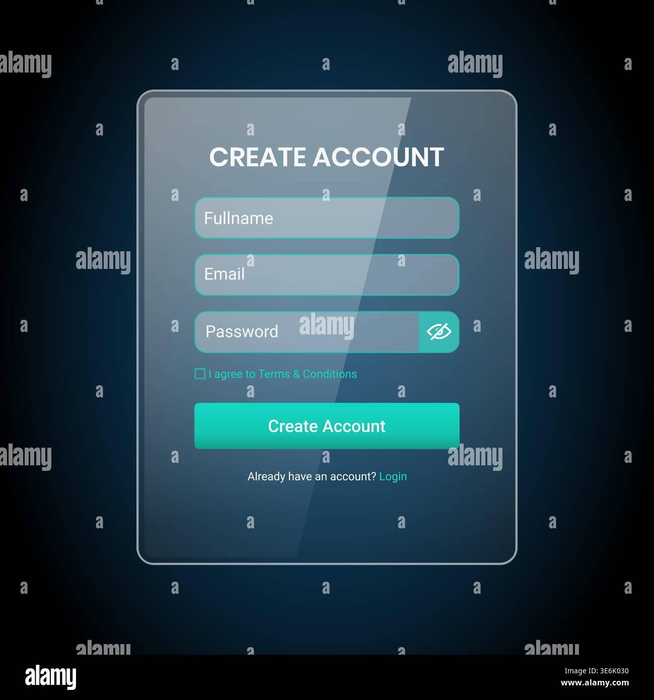 Modern glassmorphism style create account user interface featuring full name, email, and password fields with a password visibility toggle, terms and Stock Vector